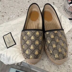 Gucci Brown & Gold Monogram Bee Espadrille Flats